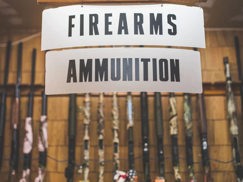 Interior signage and displays in a firearms and ammunition store