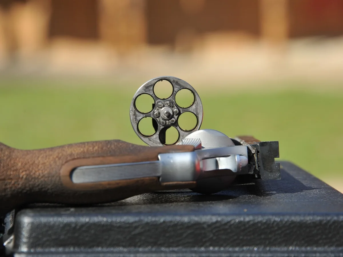 Revolver photographed at a shooting range